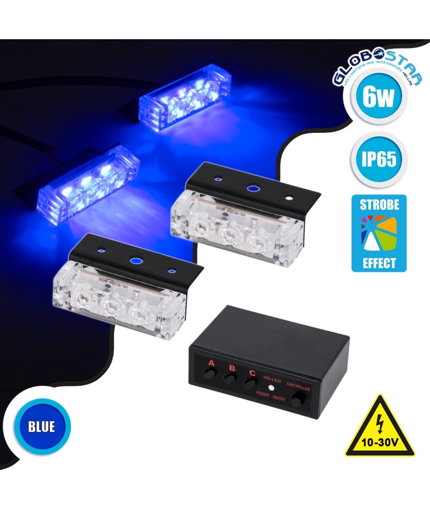 GloboStar® 85002 PRO Series ΣΕΤ 2 x Μπάρες Σήμανσης Οχήματος Αστυνομίας για Αυτοκίνητα & Φορτηγά 3 Προγραμμάτων Φωτισμού STROBE LED HIGH POWER 6W DC 10-30V Αδιάβροχο IP65 Μπλε